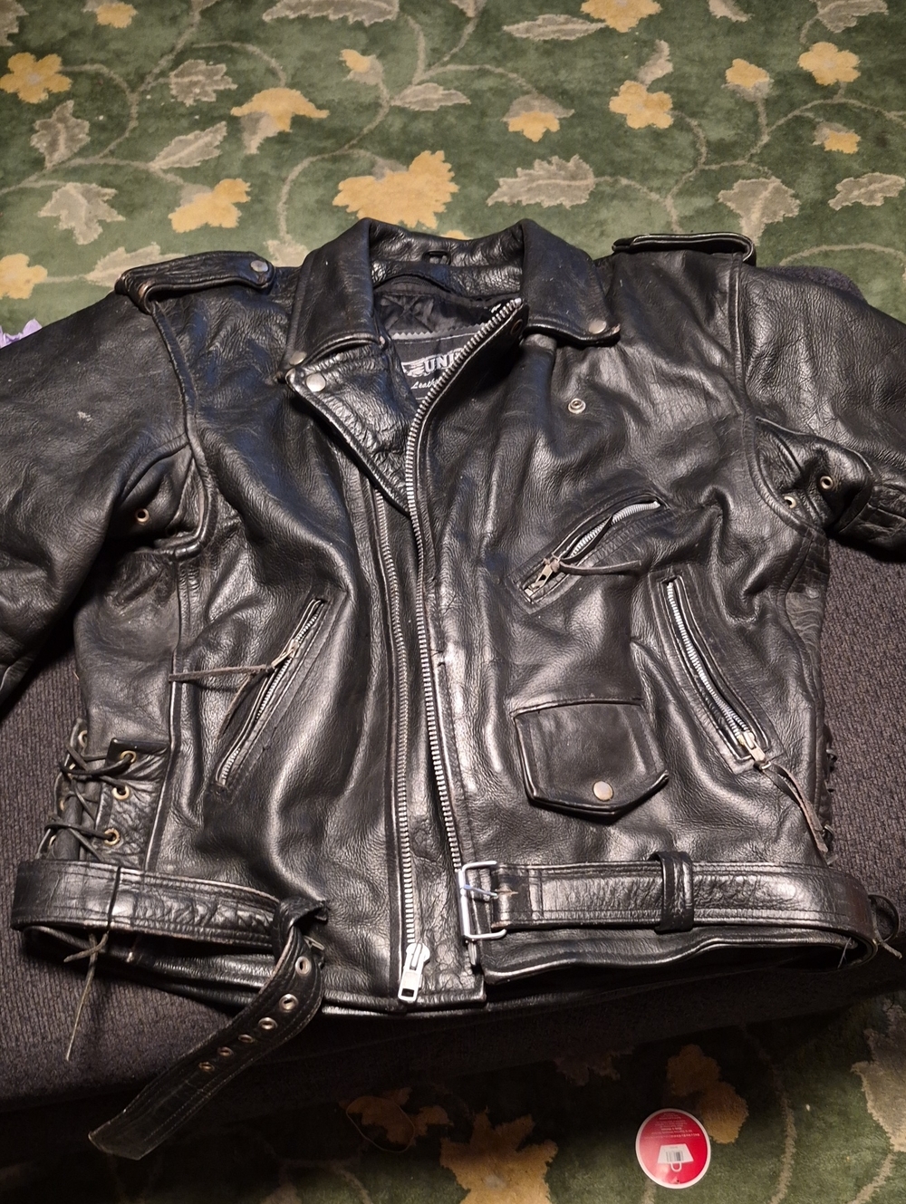 Unik Black Leather Motorcycle Bomber Jacket